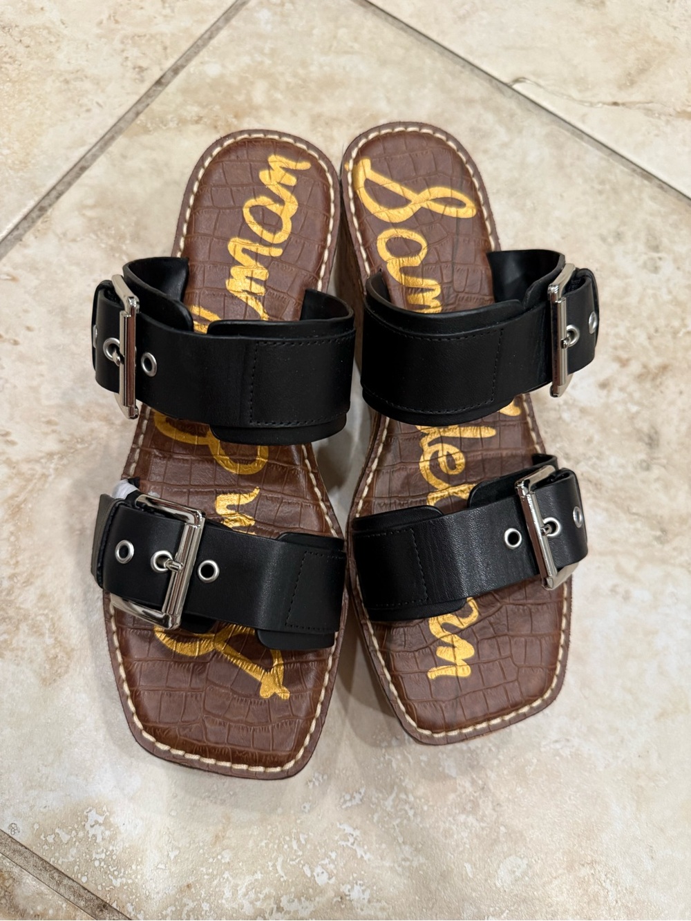 Sam Edelman Black Double-Buckle Slide Sandals with Brown Footbed